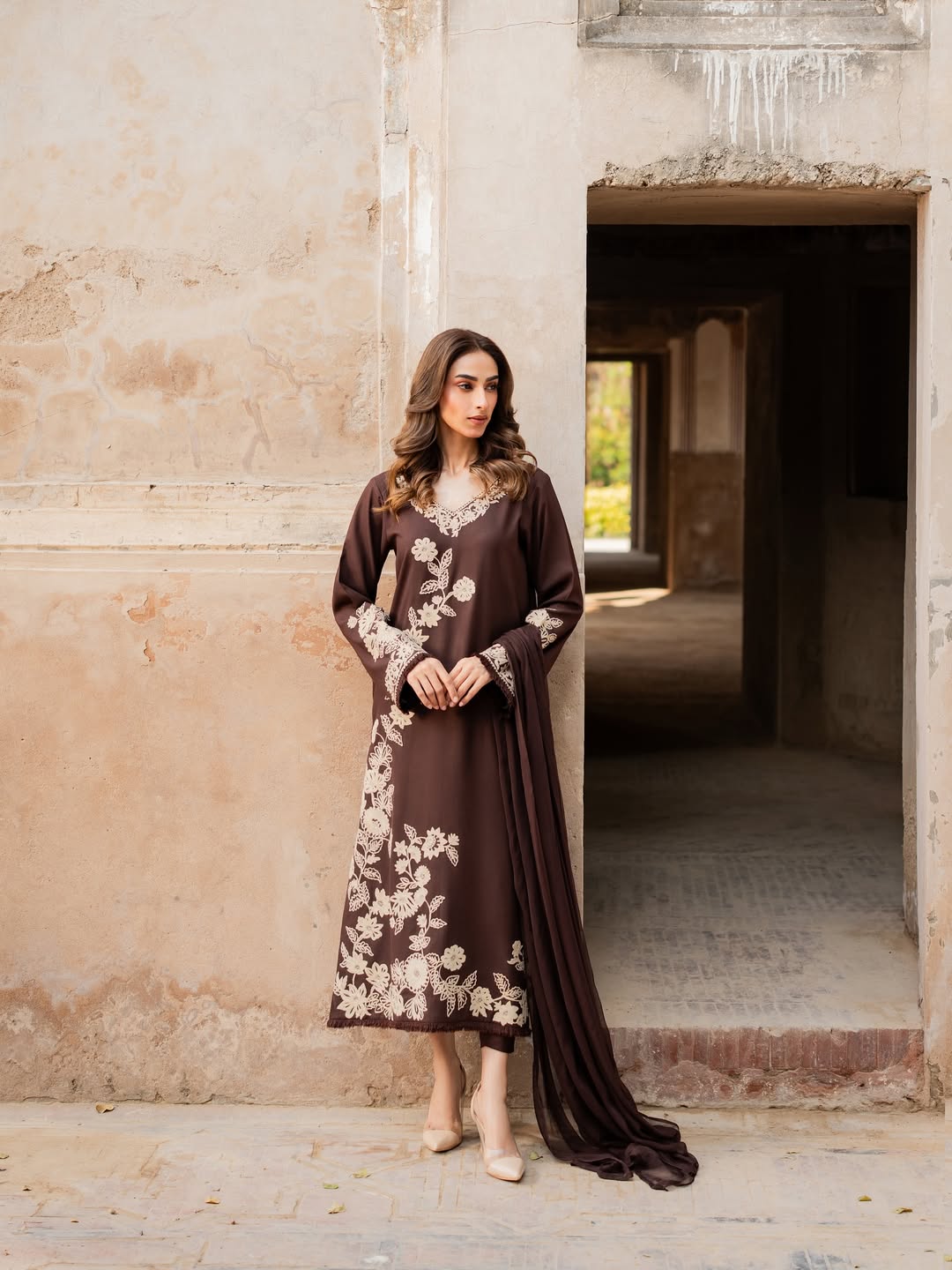 Brownish Embroidered 3Pc